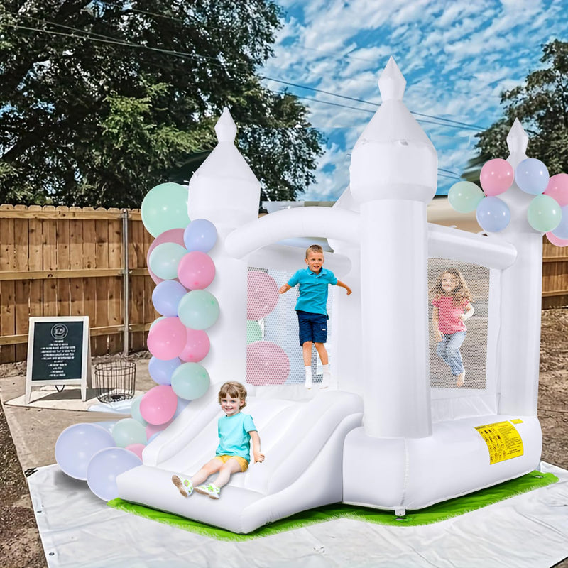 Inflatable White Bounce House For Kids Indoor Outdoor Bouncy Castle For Kid 3-10 Toddler Bounce House With Ground Cover Mat& Blower, Wedding Party Kids Birthday Party (Small Bounce House White) (LOCAL PICKUP ONLY)