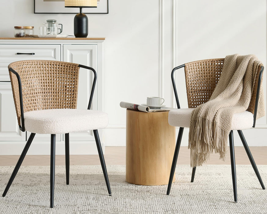 Susalt Rattan Dining Chairs Set Of 2, Boucle Upholstered Dining Room Chairs With Metal Legs And Wingback Backrest, Mid Century Modern Kitchen Chairs For Dining Room, Brown Cane Back (LOCAL PICKUP ONLY)