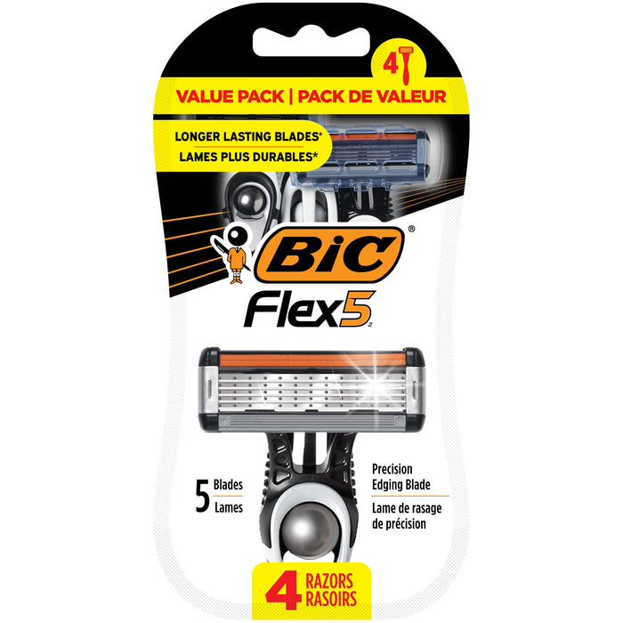 BIC Flex 5 Men's Disposable With 5 Blade Razors, Longer Lasting Flexible Blades And Precision Edging Blade, 4-Pack