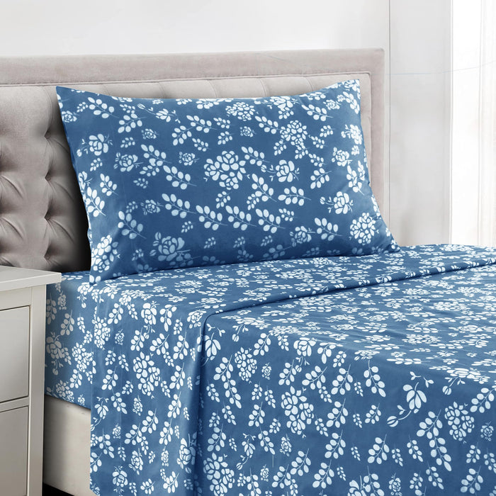 LUX Décor Floral Twin Sheet Set - 3 Piece Ultra-Soft Microfiber - Navy Blue