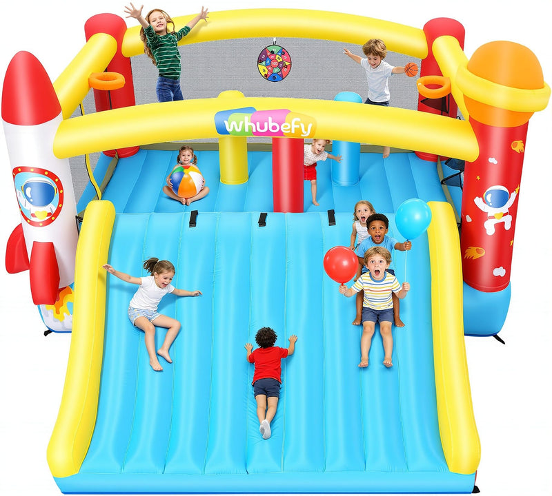 Inflatable Bounce House With Mega Elevated Slide For Big Kids 3-12 Space Rocket Bouncy Castle Play Center With 3 Dodge & Weave Obstacle Course Column, Head-To-Head Basketball Court & Dual-Target Games (LOCAL PICKUP ONLY)