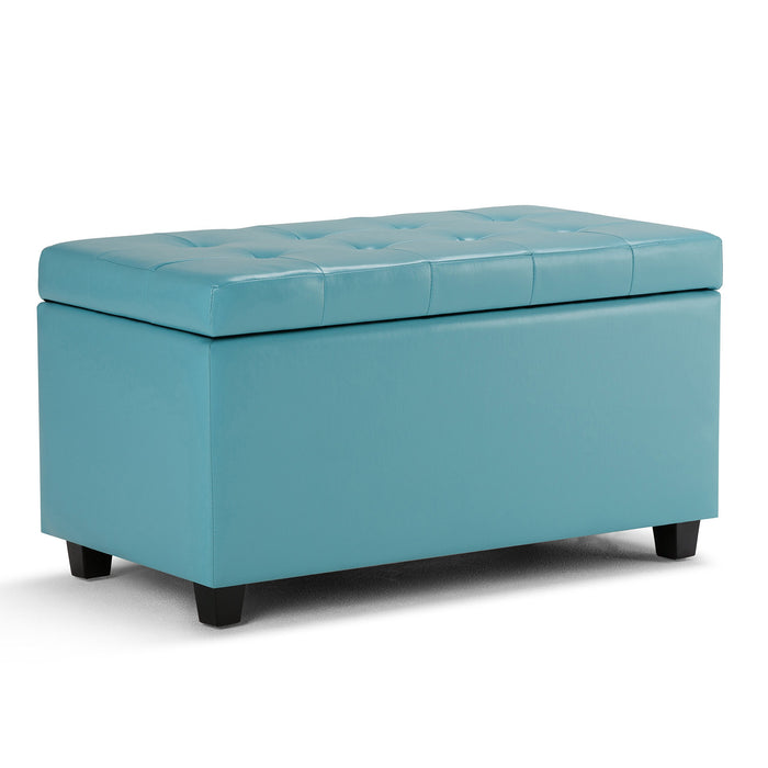 SIMPLIHOME Cosmopolitan 34 Inch Wide Transitional Rectangle Storage Ottoman In Soft Blue Vegan Faux Leather, Assembled, For The Living Room, Entryway And Family Room (LOCAL PICKUP ONLY)