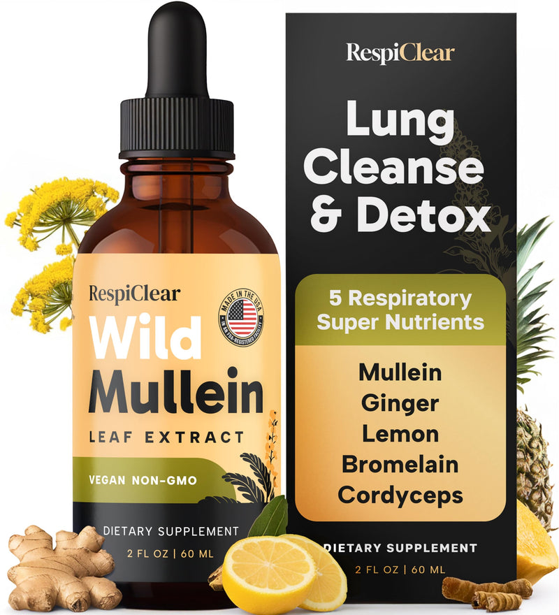 RESPICLEAR All-Natural Mullein Drops With Ginger & Lemon For Lung Cleanse And Detox, Mullein Leaf Extract For Respiratory Lung Health & Detox For Smokers, 2 Fl Oz
