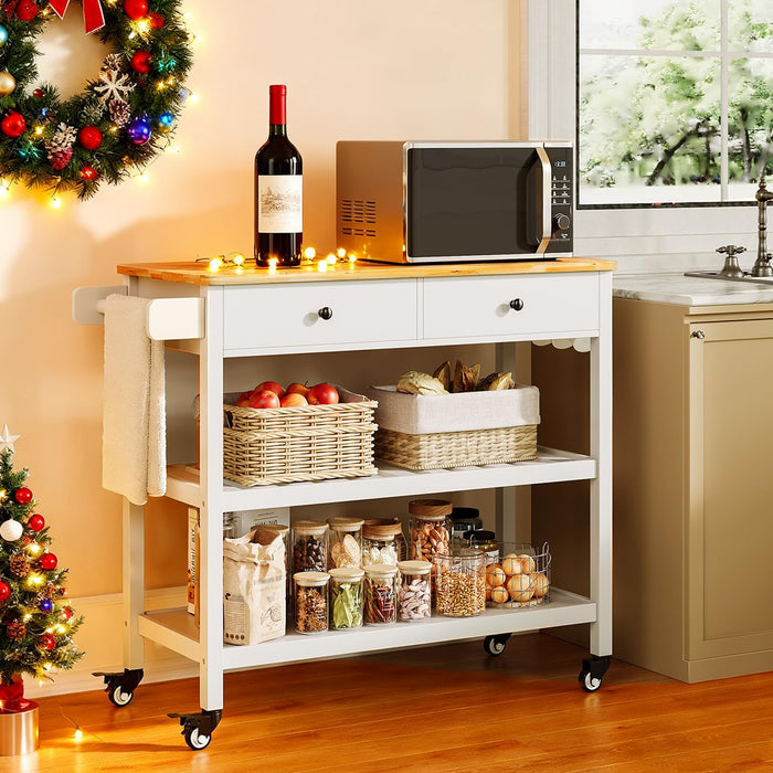 Gizoon Kitchen Island Cart On Wheels With 40'' Wood Tabletop, 2 Open Tiers Spacious Storage Shelves And Towel Rack, Rolling Utility Cart With 3 Side Hooks And 2 Drawer For Dining Room, Bar, White (LOCAL PICKUP ONLY)