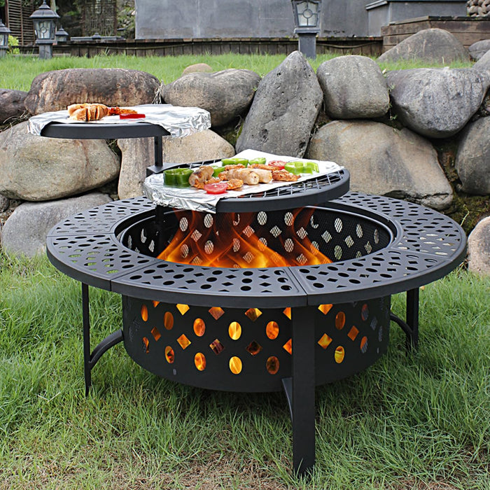 Outvue 36 Inch Fire Pit With 2 Grills, Wood Burning Fire Pits For Outside With Lid, Poker And Round Waterproof Cover, BBQ& Outdoor Firepit & Round Metal Table 3 In 1 For Patio, Picnic, Party (LOCAL PICKUP ONLY)