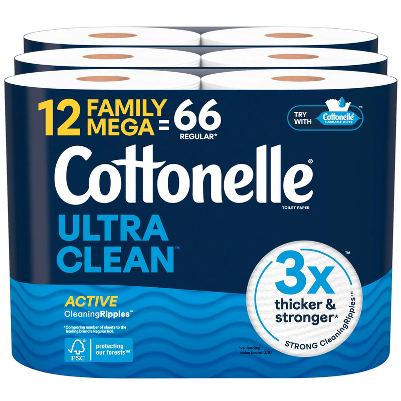 4 PK Cottonelle Ultra Clean Toilet Paper With Active Cleaningripples Texture, Strong Bath Tissue, 12 Family Mega Rolls = 66 Regular Rolls