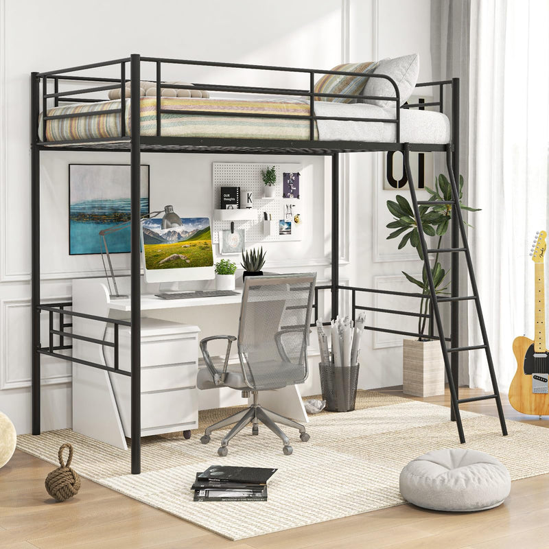 GIANTEX Twin Size Loft Bed, Metal Loft Bed Frame With Ladder & Safety Guardrail, Space-Saving With Ample Space Underneath, For Teens Junior And Adults, No Box Spring Need, Black (LOCAL PICKUP ONLY)