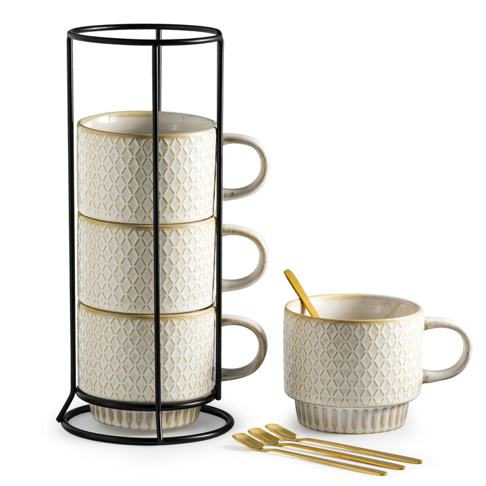 Gomakren Coffee Mugs Set Of 4, 13 Ounce Stackable Coffee Mugs With Stand, Ceramic Coffee Cups With Spoon For Coffee, Espresso, Cappuccino, Latte, Cocoa, Tea And Milk, Creamy White