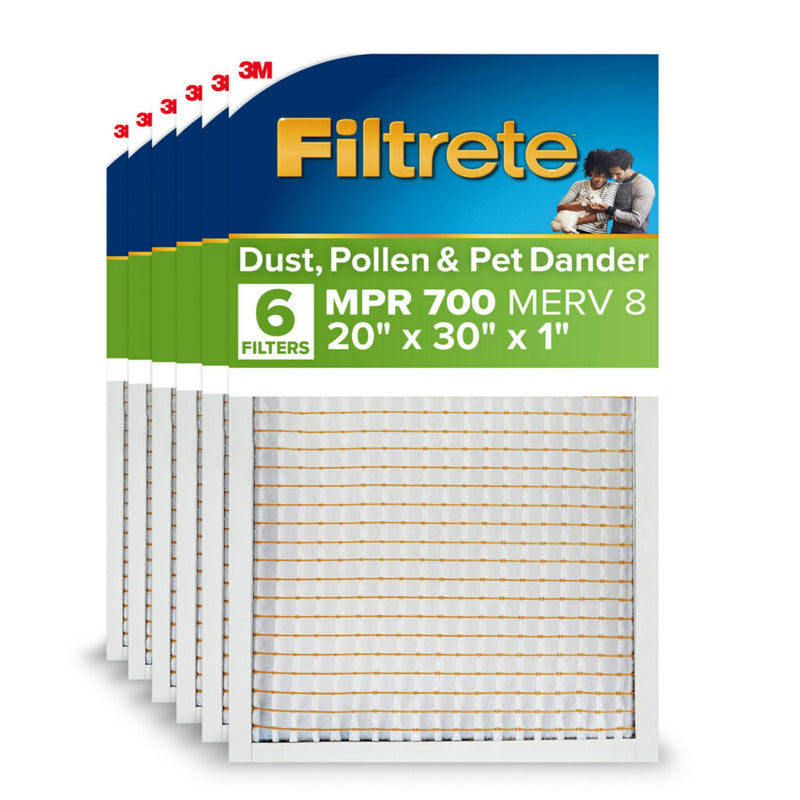 Filtrete 20X30x1 AC Furnace Air Filter, MPR 700, MERV 8, Tough On Pollen, Easy On Airflow, 3-Month Pleated 1-Inch Electrostatic Air Cleaning Filter, 6-Pack (Actual Size 19.88 X 29.88 X 0.81 In) (LOCAL PICKUP ONLY)