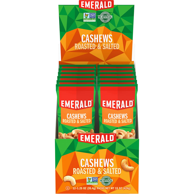 Emerald Nuts Roasted And Salted Cashews 12 Ct (1-Pack), 1.25 Oz Individual Snack Tubes, Kosher Certified, Non-GMO, Contains No Artificial Preservatives, Flavors Or Synthetic Colors