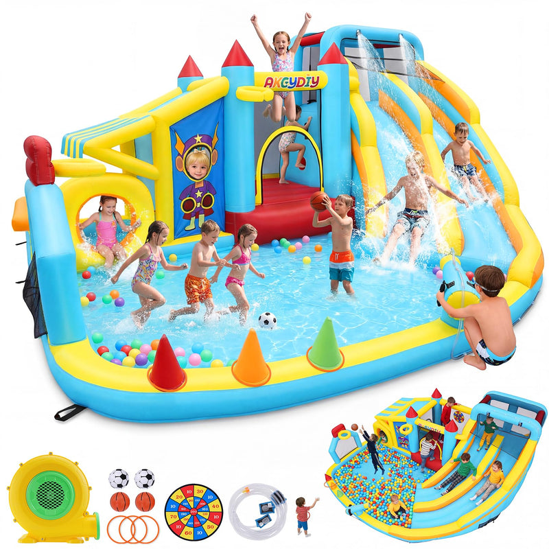 AKEYDIY Inflatable Water Slide Bounce House For Kids 3-12, 15.7FT Mega Water Slide Park W/Double Slide, Climbing, Jumping, Splash Pool, Hoop, Water Cannon, Backyard Blow Up Waterslide (Duel Splash) (LOCAL PICKUP ONLY)