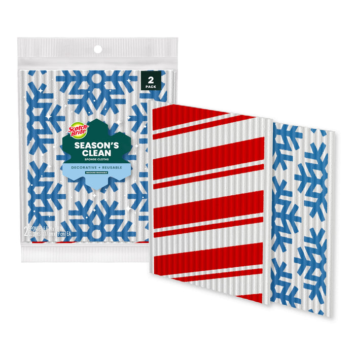 Scotch-Brite Season’S Clean Sponge Cloths, Reusable Dish Towel That Absorbs Like A Sponge, Holiday Patterned Wipes For Nonstick Cookware, Tile, Countertops, Mirrors, And Faucets, 2 Dish Towels