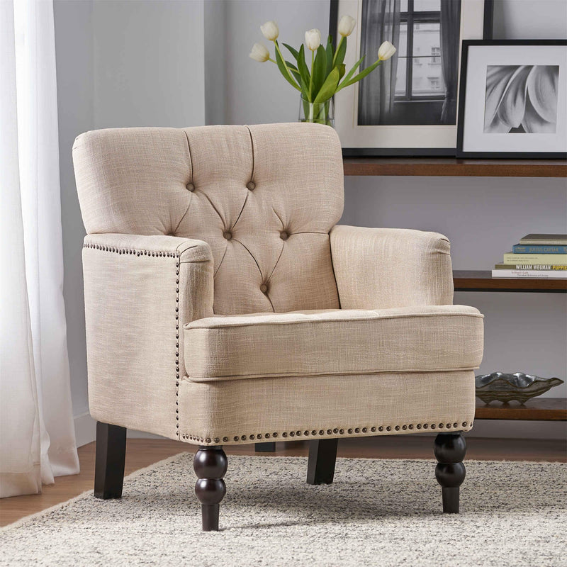 VERYKE Accent Chair,Tufted High Back Single Sofa Chair With Naihead Design,Upholstered Chair With Arms And Cushion Padded,Living Room Chair With Turned Legs For Bedroom,Home Office (Fabric, Beige) (LOCAL PICKUP ONLY)