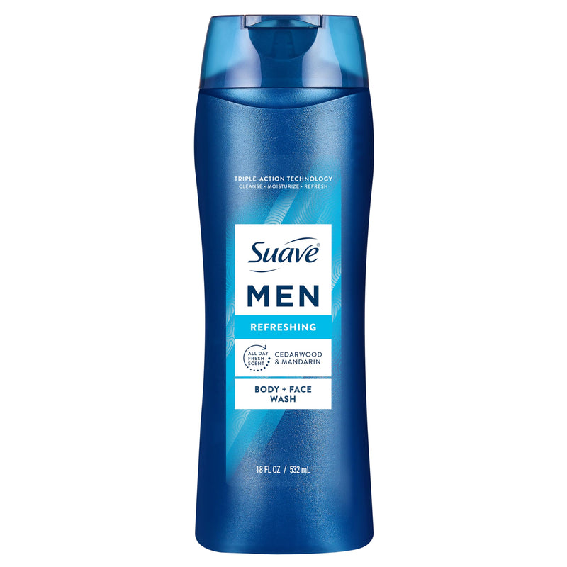 Suave Men Refreshing 2-In-1 Body & Face Wash With Glycerin & Vitamin E, Paraben & Phthalate Free, Cleanse, Moisturize, Refresh, Long-Lasting Fragrance, 18 FL OZ