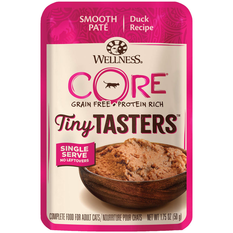 Wellness CORE Tiny Tasters Pate Adult Wet Cat Food, Natural, Protein-Rich, Grain Free, 1.75-Ounce Pouch, 12 Pack, (Duck Pate)