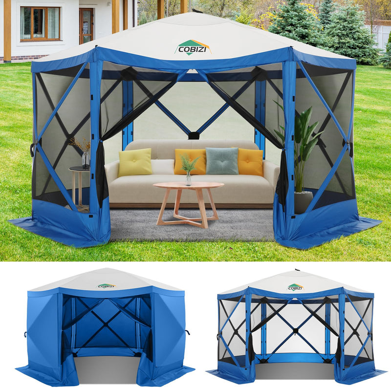 COBIZI 12X12ft Pop Up Gazebo Screen House Tent With Sidewalls For Camping, 6 Sided Pop-Up Canopy Shelter Tent Easy-Set Portable Gazebo With Carry Bag For Outdoor Parties, Lawn And Backyard, Blue (LOCAL PICKUP ONLY)
