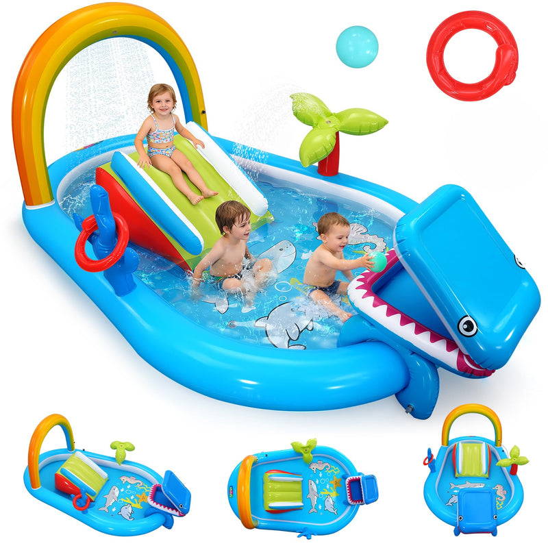 Whubefy Inflatable Kids Play Center Outdoor/Indoor 98 × 64 × 39 In Kid Pool Slide, With Water Sprayer, Waterfall, And Ocean Ball, Multicolor (Without Blower)