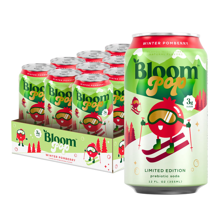 Bloom Pop Prebiotic Soda 12 Pack, Winter Pomberry Flavor, 12Oz Cans | Prebiotic Soda For Gut Health, Low Calorie Soda, No Caffeine, Healthy Soft Drink Alternative