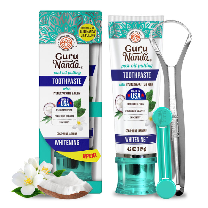 Gurunanda Hydroxyapatite Toothpaste, SLS & Fluoride Free, Whitening Toothpaste With Tongue Scraper & Squeezer - Freshens Breath, Fights Plaque - Natural Cocomint Jasmine Neem, 4.2Oz