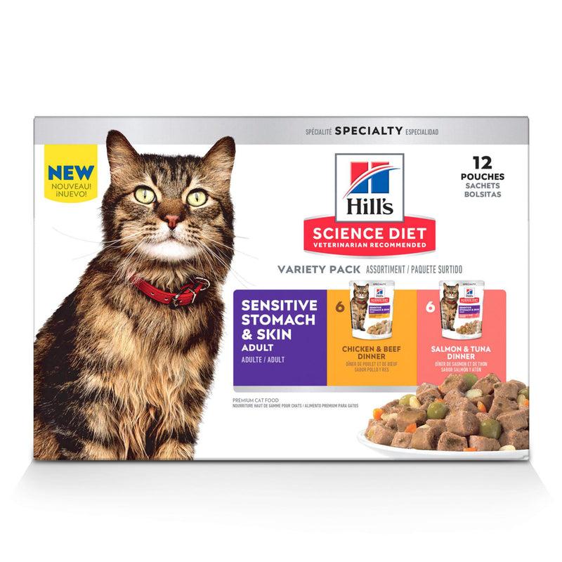 Hill's Science Diet Sensitive Stomach & Skin, Adult 1-6, Stomach & Skin Sensitivity Support, Wet Cat Food, Variety Case: Chicken & Beef; Salmon & Tuna Stew, 2.8 Oz Pouch Variety Case, Case Of 12
