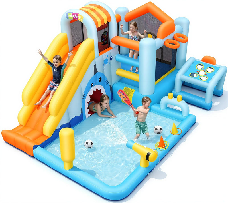 24-In-1 Unicorn Shark Cave Inflatable Water Slides Bounce House Wet Dry Park For Kids Backyard With Blower, Splash/Ball Pit Pool, Basketball Hoop & Soccer Goal, Dart Board & Baseball Tee Play Station (LOCAL PICKUP ONLY)