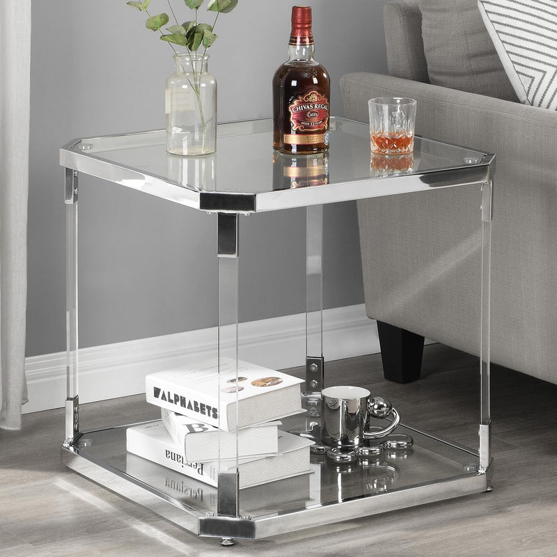 MINPINSER Glass Top Side Table - Silver Square Glass Top End Table Clear Acrylic Nightstand For Living Room Bedside Bedroom (LOCAL PICKUP ONLY)