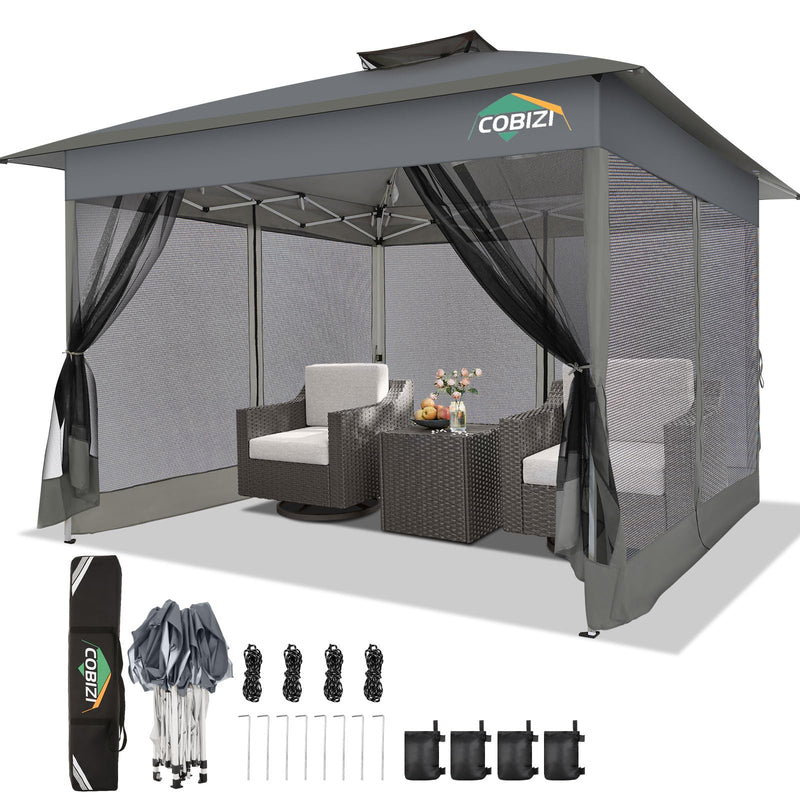 COBIZI 13X13 Pop Up Gazebos On Clearance Canopy Tent- Upgrade Metal Outdoor Canopy Waterproof - Portable Gazebo With Mosquito Nettings, 4 Ropes 8 Stakes And Carry Bag For Patio Garden(Gray) (LOCAL PICKUP ONLY)