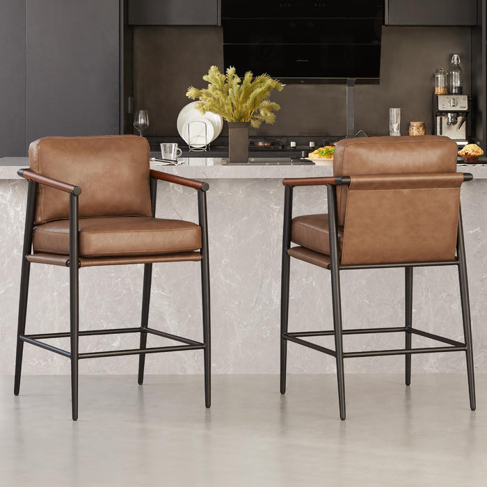 Watson & Whitely Mid Century Modern Barstools Set Of 2, 26" H Upholstered Counter Height Bar Stools With Wood Armrests And Metal Legs, Faux Leather In Saddle Brown (LOCAL PICKUP ONLY)