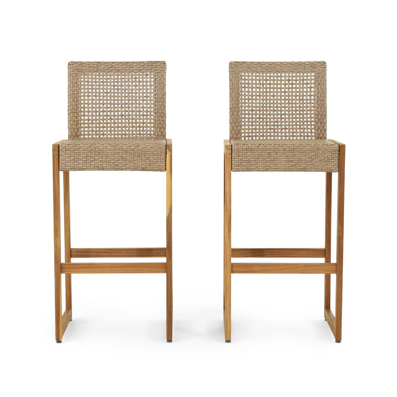 Elon Outdoor Barstools - Wicker And Acacia Wood - Light Multi-Brown/Teak (Set Of 2) (LOCAL PICKUP ONLY)