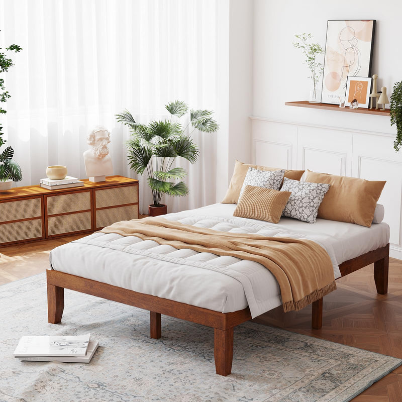 Giantex 14 Inch Full Platform Bed Frame, Minimalist Style Mattress Foundation With Solid Rubber Wood, Heavy Duty Wood Slat Support, Without Headboard, Easy Assembly, No Box Spring Needed,Walnut (LOCAL PICKUP ONLY)