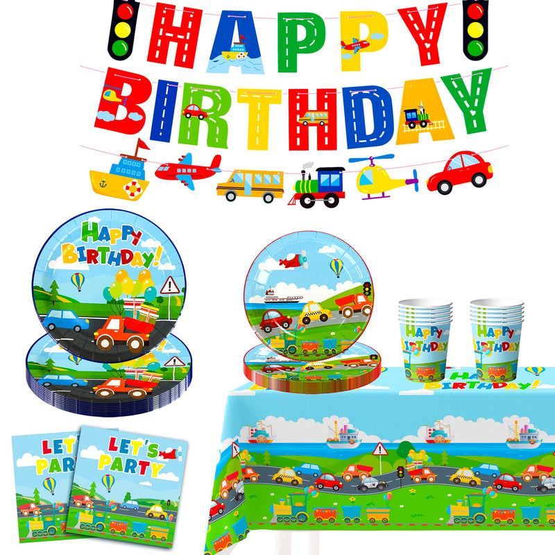Transport Birthday Party Supplies, 24 Guests Transportation Party Tableware Set Transport Party Decoration Banner Tablecloth Plates Cups Napkins For Train Bus Car Birthday Party