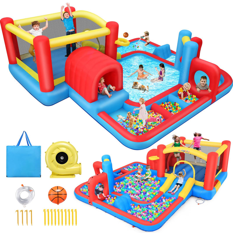 Whubefy 14.3X14.3Ft Inflatable Bounce House Water Slide, Water Slide Bounce Houses Park With Obstacles Tunnel, Boxing Area, Multi Ball Pit Pools, Blow Up Water Slides For Kids Indoor Outdoor Backyard (LOCAL PICKUP ONLY)