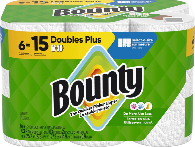 Bounty Paper Towels Select-A-Size, White, 6 Double Plus Rolls = 15 Regular Rolls