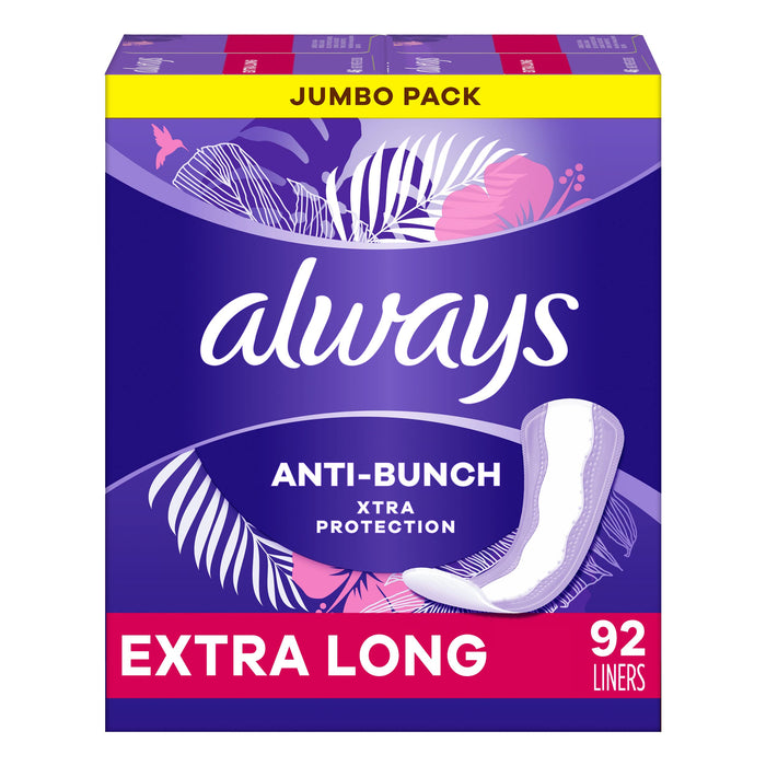 46 COUNT Always Anti-Bunch Xtra Protection, Panty Liners For Women, Light Absorbency, Extra Long Length, Leakguard + Rapiddry, Unsented, 92 Count
