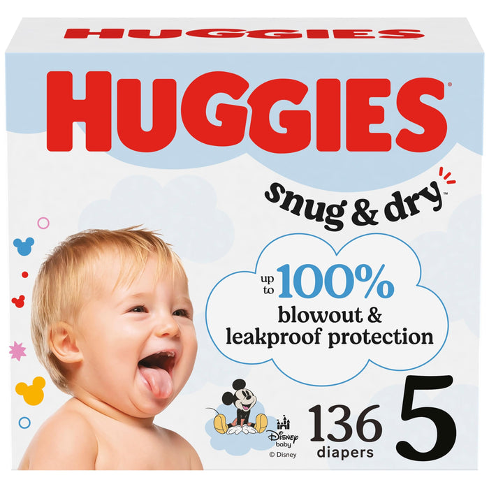 Huggies Size 5 Diapers, Snug & Dry Baby Diapers, Size 5 (27+ Lbs), 136 Count, Packaging May Vary
