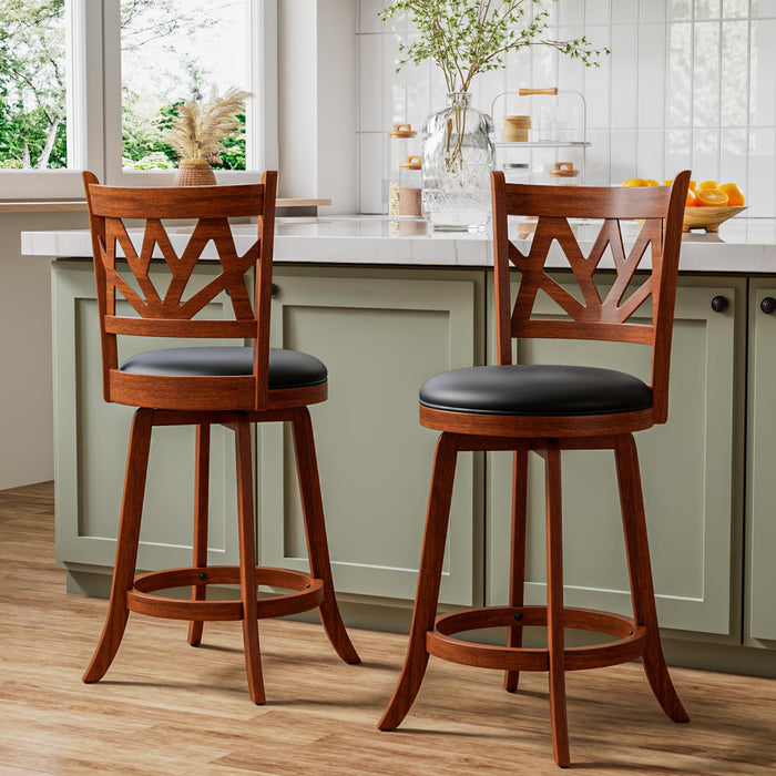 Buytime Swivel Bar Stools Set Of 1 Farmhouse 24" Counter Height Barstools With Backs, Lotus Pattern Carved Bar Chair With Solid Wood Legs & Footrest For Kitchen Island, Home Bar, Pub (Brown, 24") (LOCAL PICKUP ONLY)