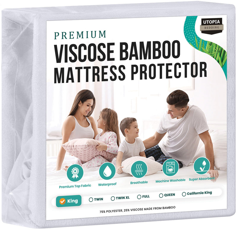 Utopia Bedding Premium Waterproof Mattress Protector King Size, Viscose Made From Bamboo Mattress Cover, Breathable, Fitted Style With Stretchable Pockets (White)