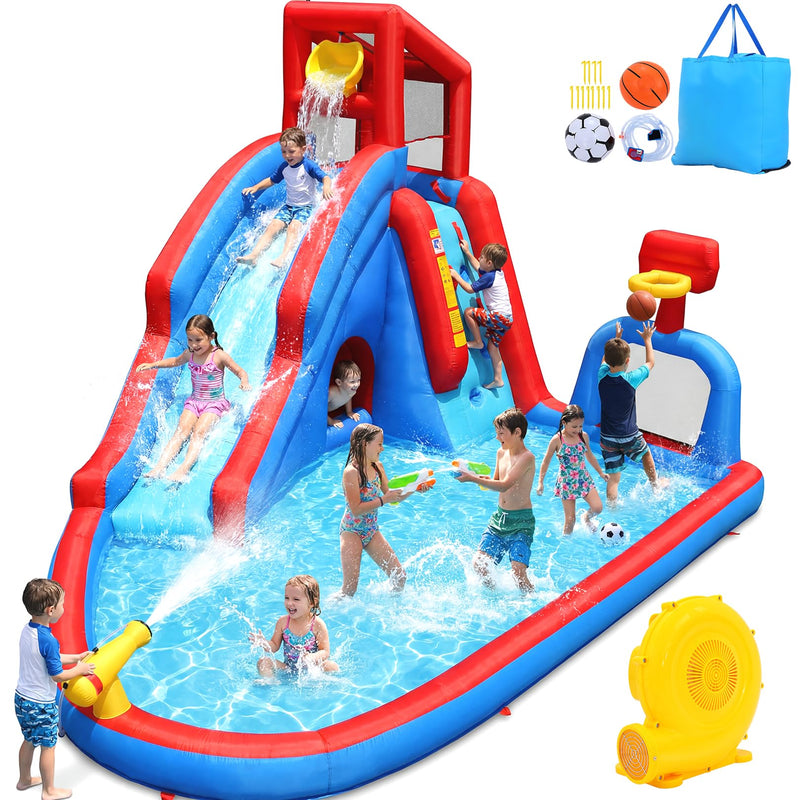Whubefy Inflatable Water Slide For Kids Backyard, 14.2Ft Waterslide Park Bounce House W/Big Pool, Slide, Soccer Field, Dump Bucket, Obstacle Tunnel, 9In1 Blow Up Water Slides Inflatables For Kids Gift (LOCAL PICKUP ONLY)