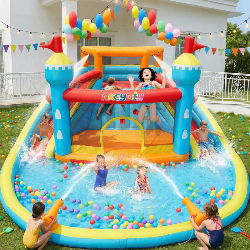 Inflatable Water Slide 10 In 1 Water Park With Splash Pool, Jump Area, 2 Water Slide, Climbing Wall, 2 Water Cannon, Dual Top Sprayer & 520W Blower For Outdoor Backyard (Blue-Orange) (LOCAL PICKUP ONLY)