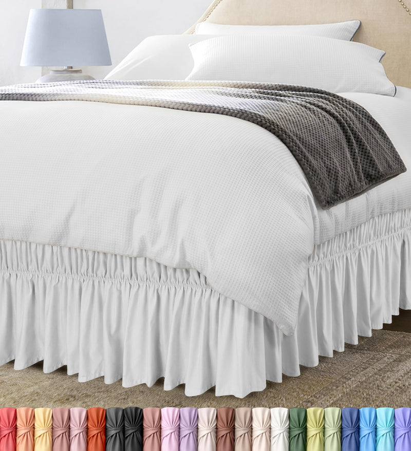 Wrap Around Ruffle Queen Size Bed Skirt – Adjustable Buckle & Elastic Belt For Easy Installation, 16 Inch Drop – Brushed Microfiber - Machine Washable, Fade And Wrinkle Resistant, White