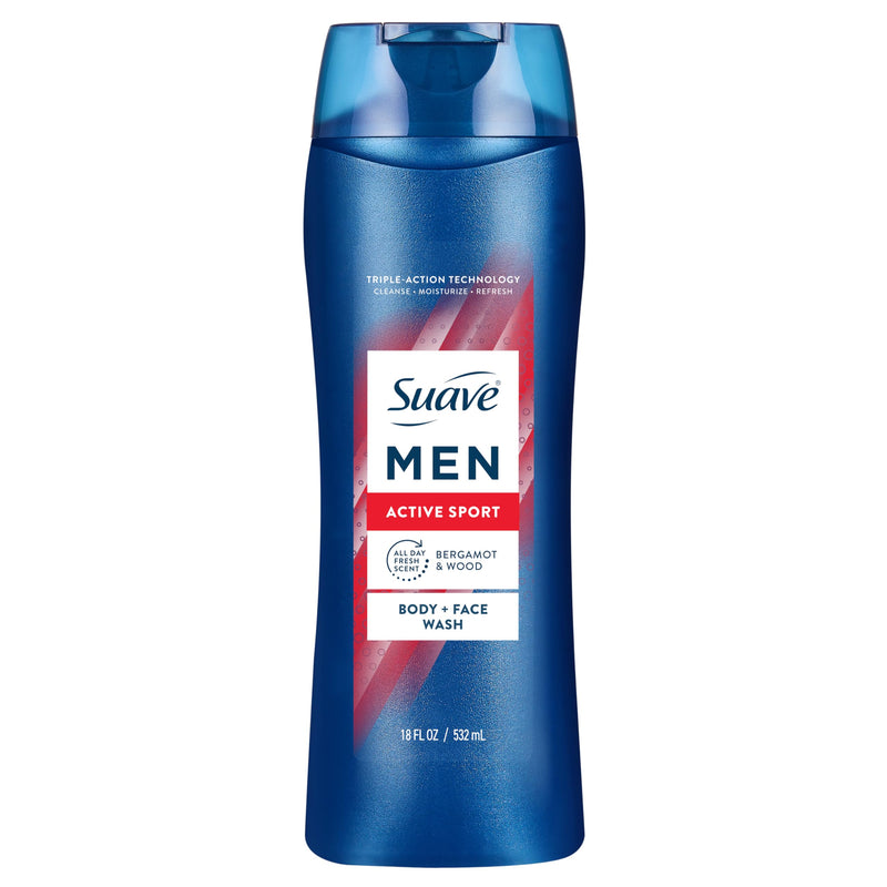 Suave Men Active Sport 2-In-1 Body & Face Wash With Glycerin & Vitamin E, Paraben & Phthalate Free, Cleanse, Moisturize, Refresh, Long-Lasting Fragrance, 18 FL OZ