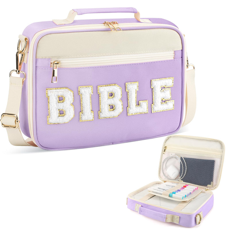 Bible Cover Case For Women Grils, Preppy Bible Bag With Adjustable Shoulder Strap, Waterproof Bible Carrying Tote Bags Holder For Bible Study Supplies Accessories & Christian Gifts (Purple)