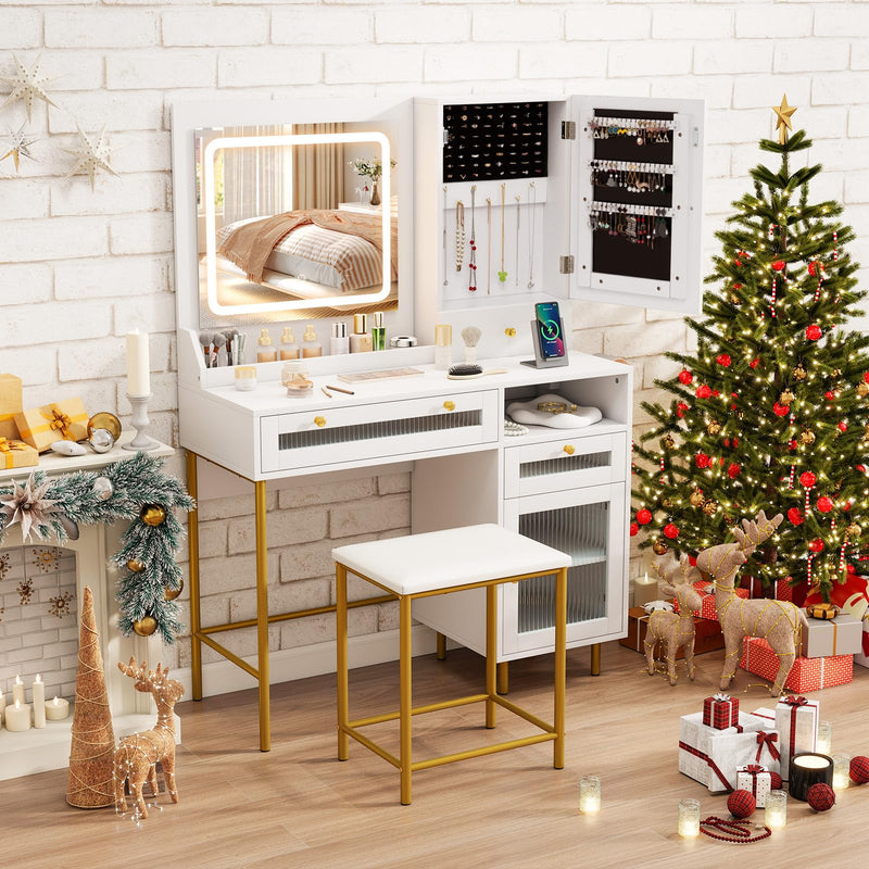 LOKO Vanity Set With Mirror & Lights, Dressing Table And Chair Set With 3 Lighting Modes & Adjustable Brightness, Jewelry Cabinet, 2 Fluted Glass Drawers & 1 Ordinary Drawer, For Bedroom (LOCAL PICKUP ONLY)