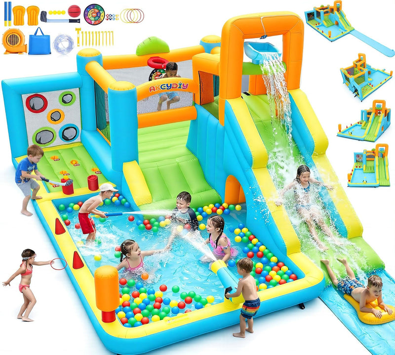 17-In-1 Water Slide Bounce House W/Extended Water Slip, Bodyboards & Water Guns, 15.4X11ft Large Golf Water Park W/Dartboard/Ring Toss/Boxing Game/Basketball Hoop/Tunnel/Water Bucket/Water Cannon/Pool (LOCAL PICKUP ONLY)