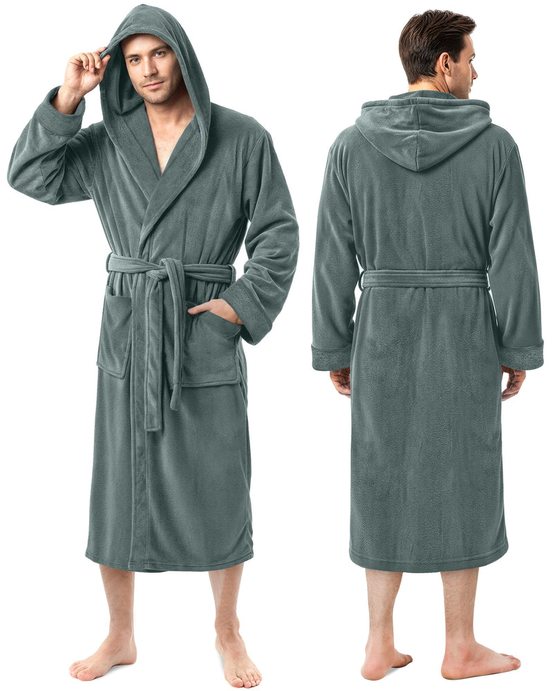 NY Threads Mens Robe With Hood, Luxury Plush Fleece Hooded Mens Bathrobe, Spa Bath Robe For Men, Large/X-Large, Steel Grey