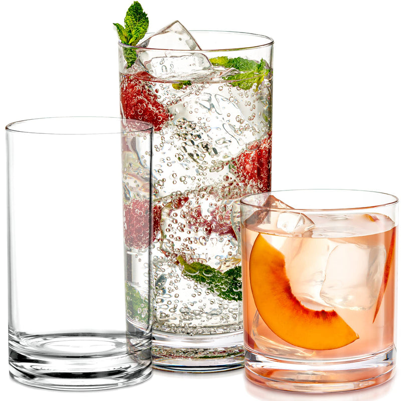 Acrylic Drinking Glasses [Set Of 18] Glassware Set Includes 6-17Oz Highball Glasses, 6-13Oz Rocks Glasses, 6-7 Oz Juice Glasses| Heavy Base Glass Cups For Water, Juice, Beer, Wine, And Cocktails…
