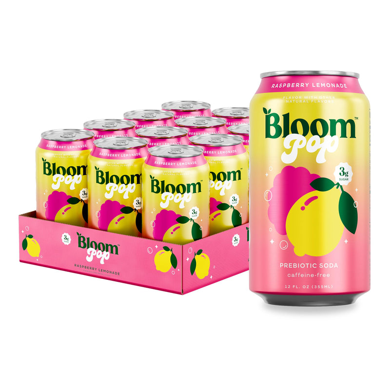 Bloom Pop Prebiotic Soda, Gut Health Support, Raspberry Lemon, 12 Pack