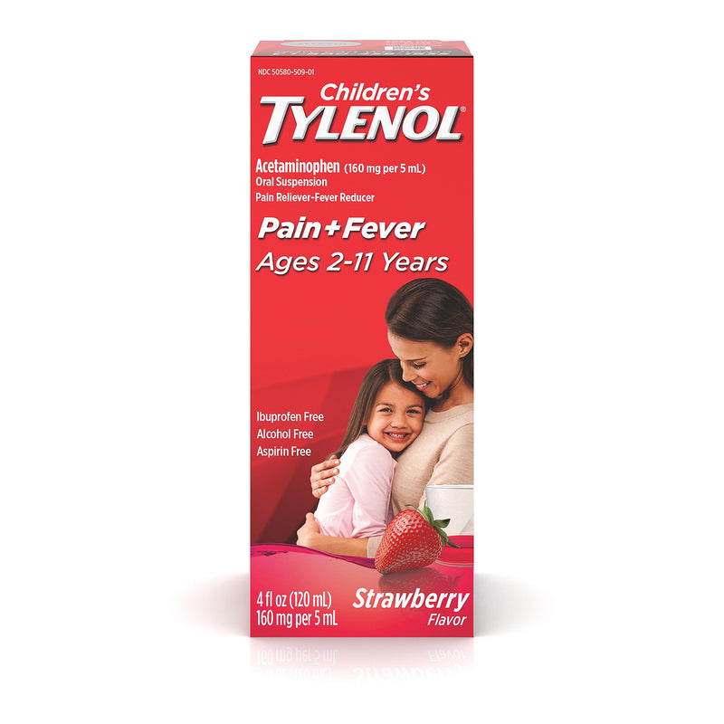 Johnson & Johnson Children's Tylenol Oral Suspension Medicine, Kids' Liquid Medicine Pain Reliever & Fever Reducer For Cold + Flu Symptoms, Aspirin-, Ibuprofen- & Alcohol- Free, Strawberry, 4 Fl. Oz