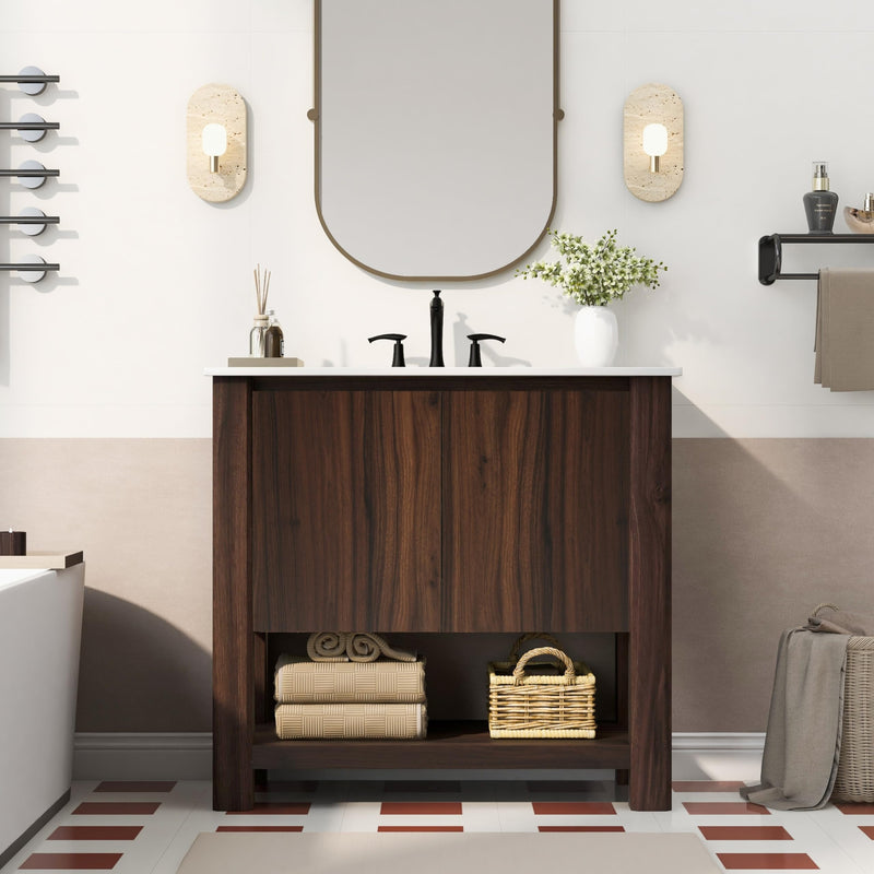 LUMISOL 36" Bathroom Vanity With Ceramic Sink, Modern Storage Cabinet With Two Doors & Open Shelf, Solid Wood Bathroom Vanity With Sink Top For Small Bathrooms, Easy Assembly, Dark Brown (LOCAL PICKUP ONLY)