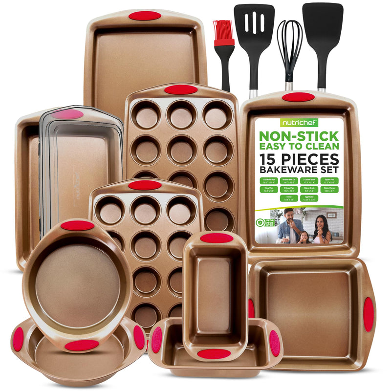 Nutrichef 15-Piece Non-Stick Baking Pan Set - Durable Carbon Steel Bakeware Set With Loaf & Muffin Pans, Square & Round Cake Pans, Roaster Pan With Lid, Cookie Sheet, & Nylon Utensils - Gold (LOCAL PICKUP ONLY)